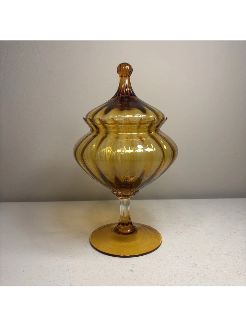 Vintage Italian Empoli Amber Glass Apothecary Jar Circus Tent Style